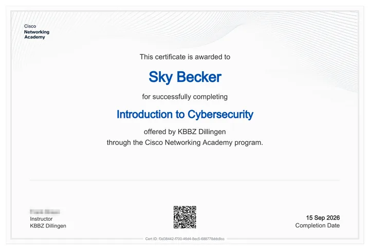 Zertifikat: Sky Becker hat den Kurs Introduction to Cybersecurity der Cisco Networking Academy am 15. September 2026 abgeschlossen